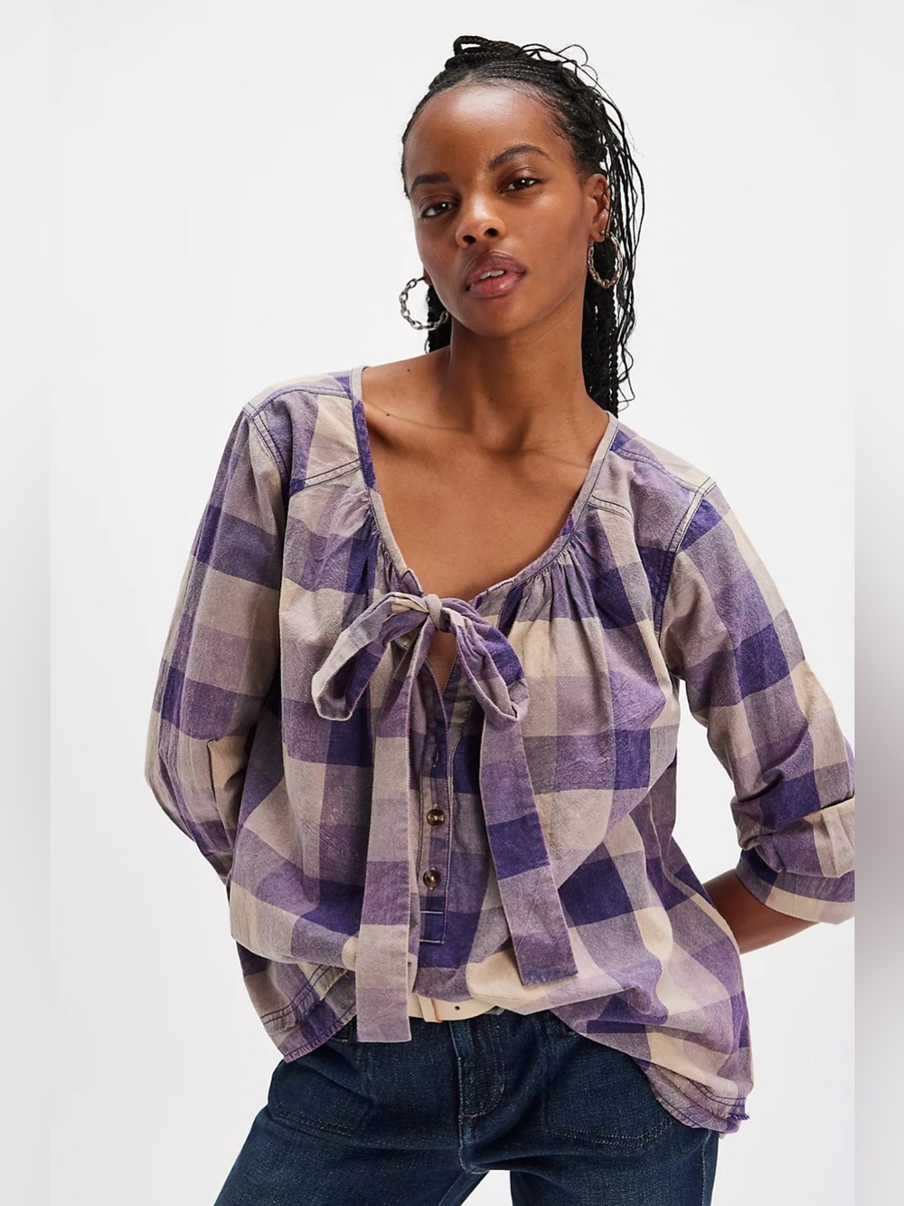Free people Big Bow Plaid Pullover